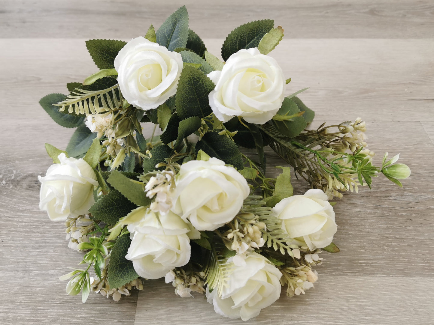 Cream White Artificial Rose Bush – 7 Heads with 2 Fillers