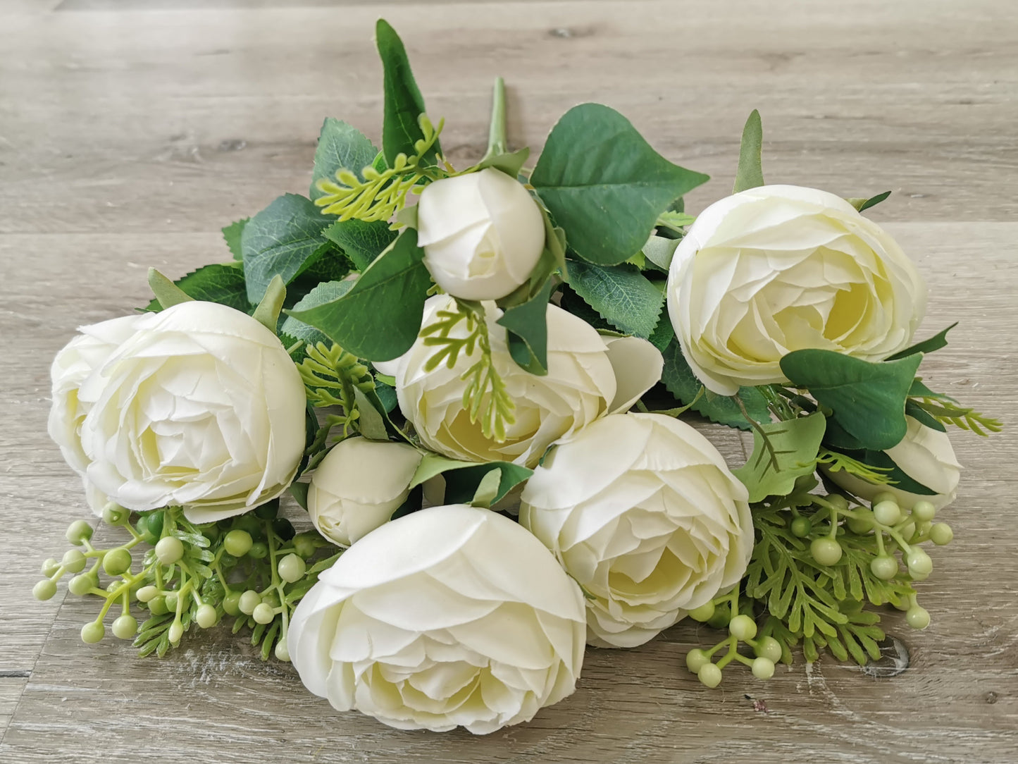 Cream White Artificial Rose Bush - 9 Heads with 2 Fillers