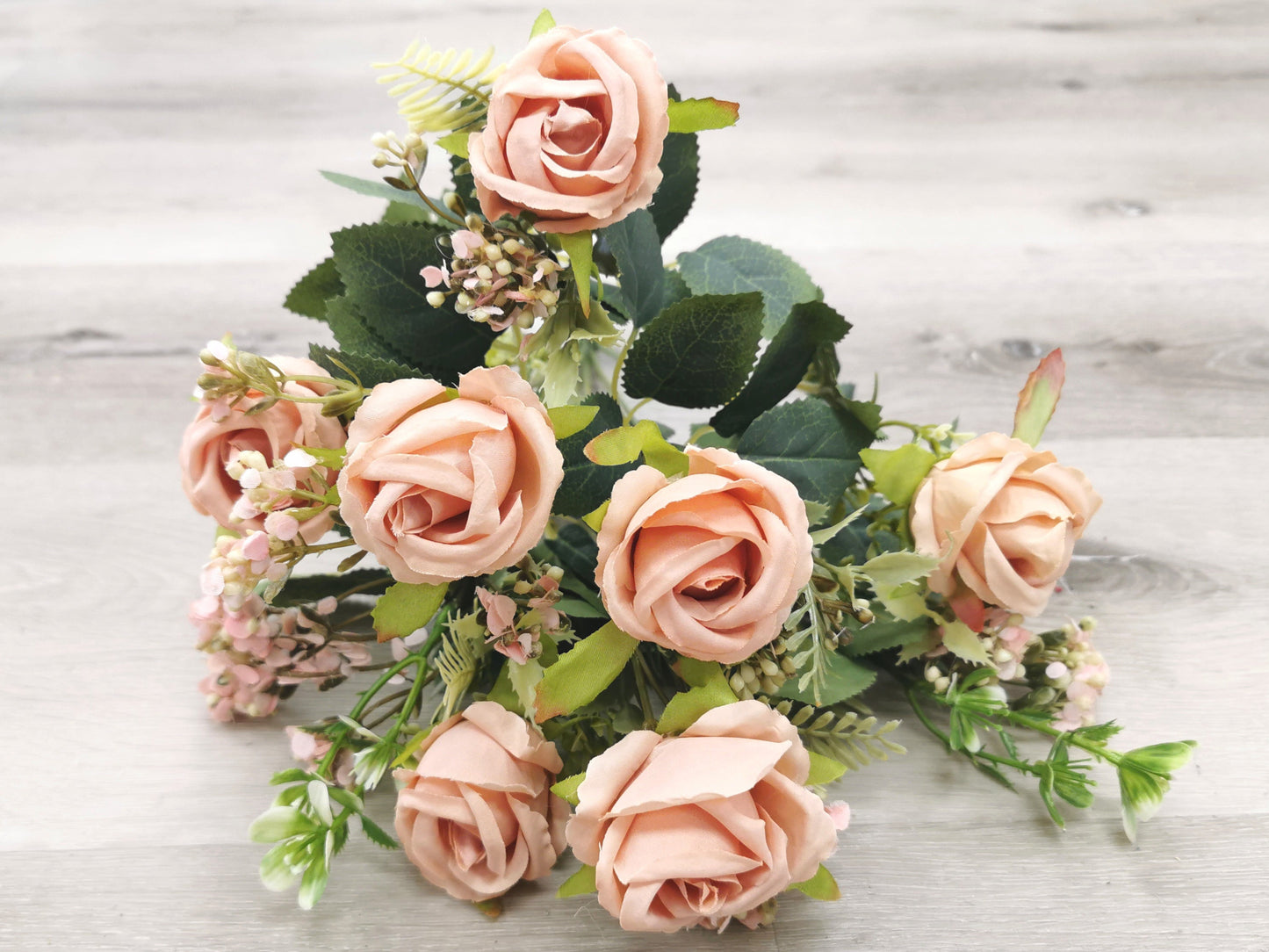 Light Cameo Brown Artificial Rose Bush - 7 Heads with 2 Fillers