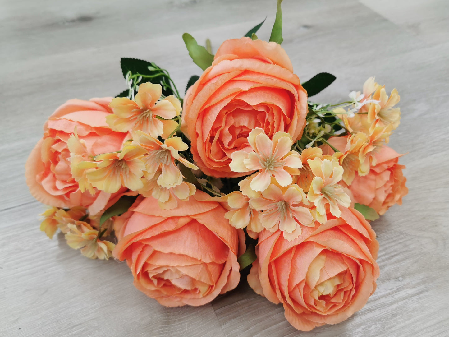 Orange Artificial Rose Bush - 5 Heads with 4 Fillers