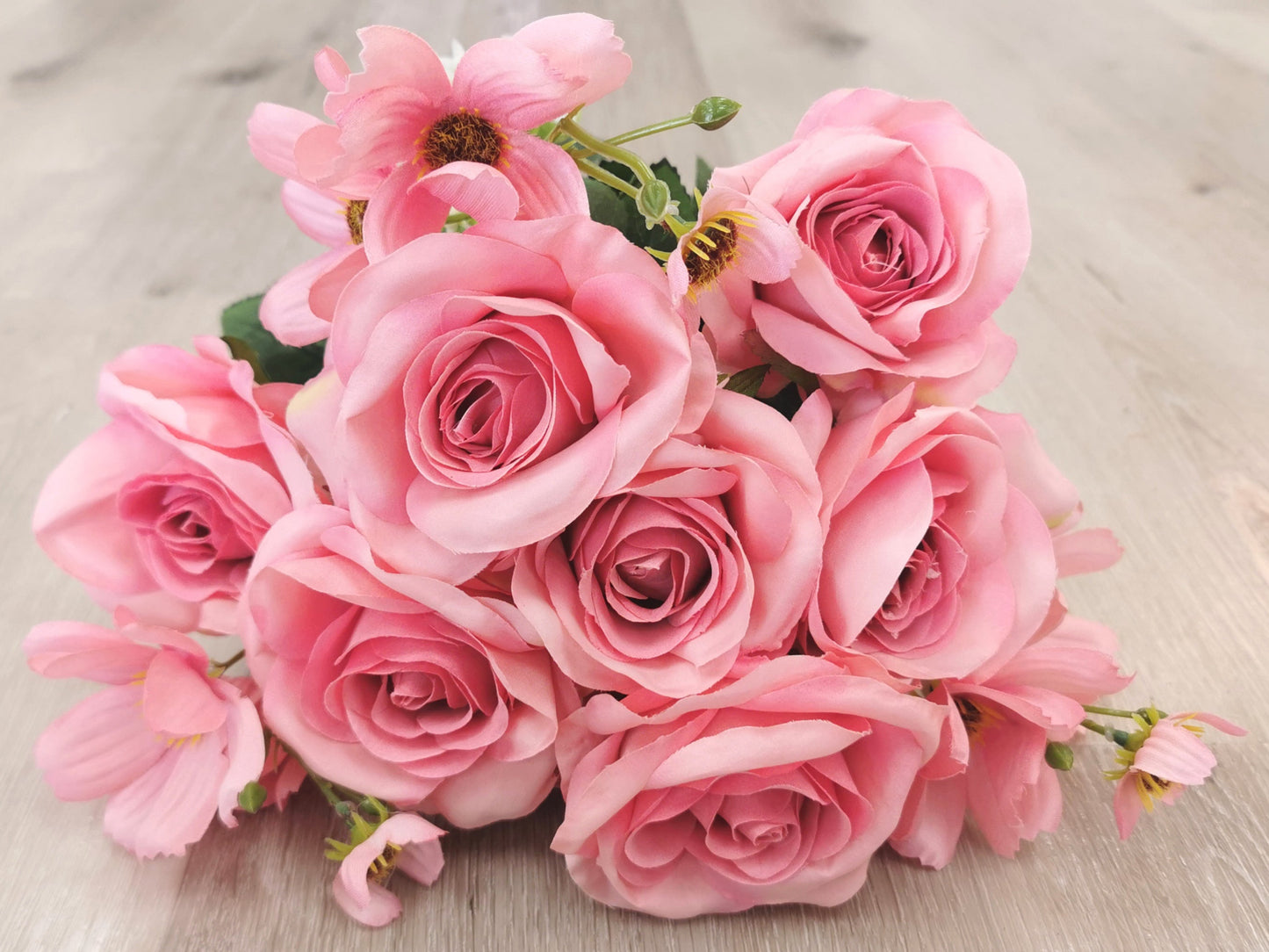 Pink Artificial Rose Bush - 8 Heads with 3 Fillers