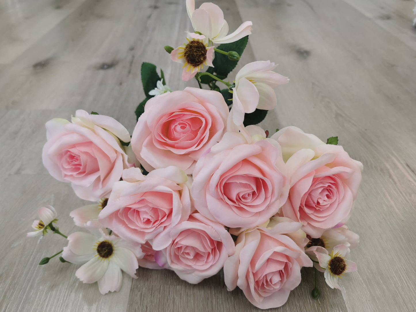 Light Pink Artificial Rose Bush - 8 Heads with 3 Fillers