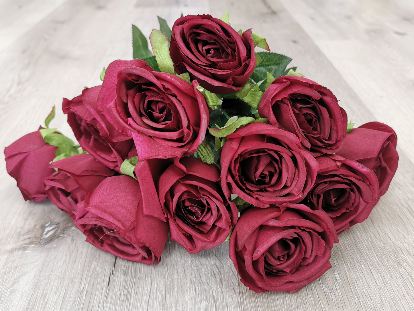 Burgundy Artificial Rose Bush - 12 Heads