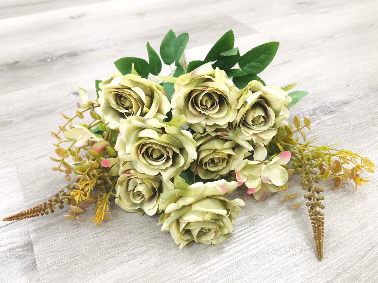 Green Artificial Rose Bush – 7 Heads with Fillers