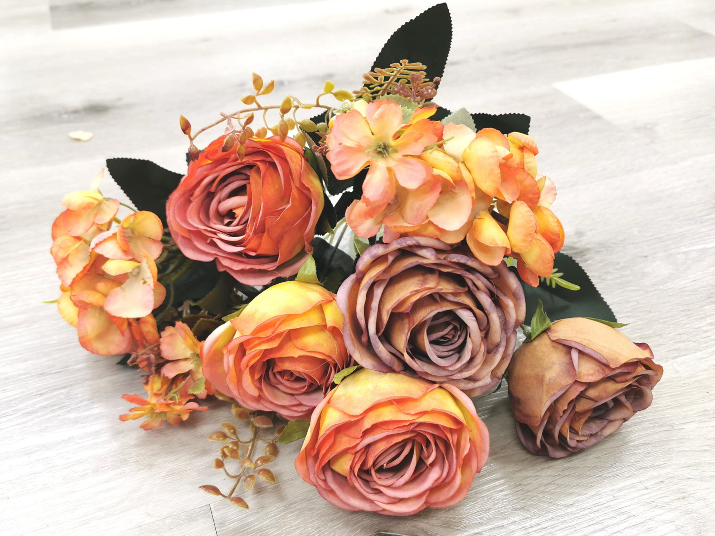 Fall Color Artificial Rose - 5 Heads with 4 Fillers