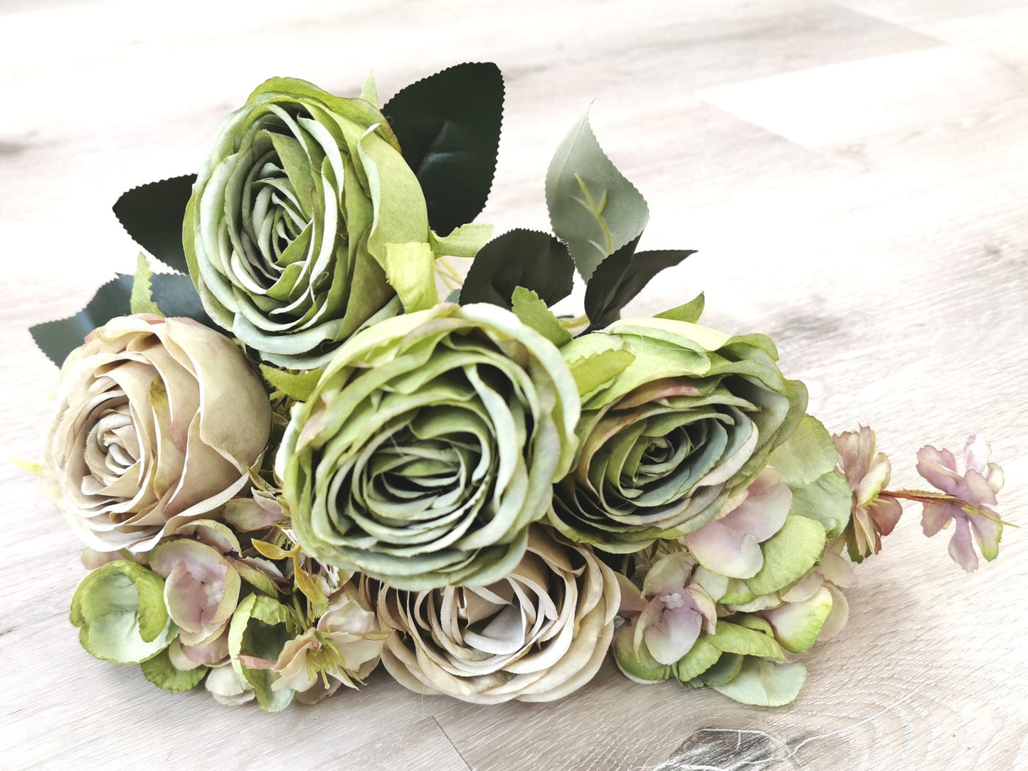 Green Artificial Rose - 5 Heads with 4 Fillers