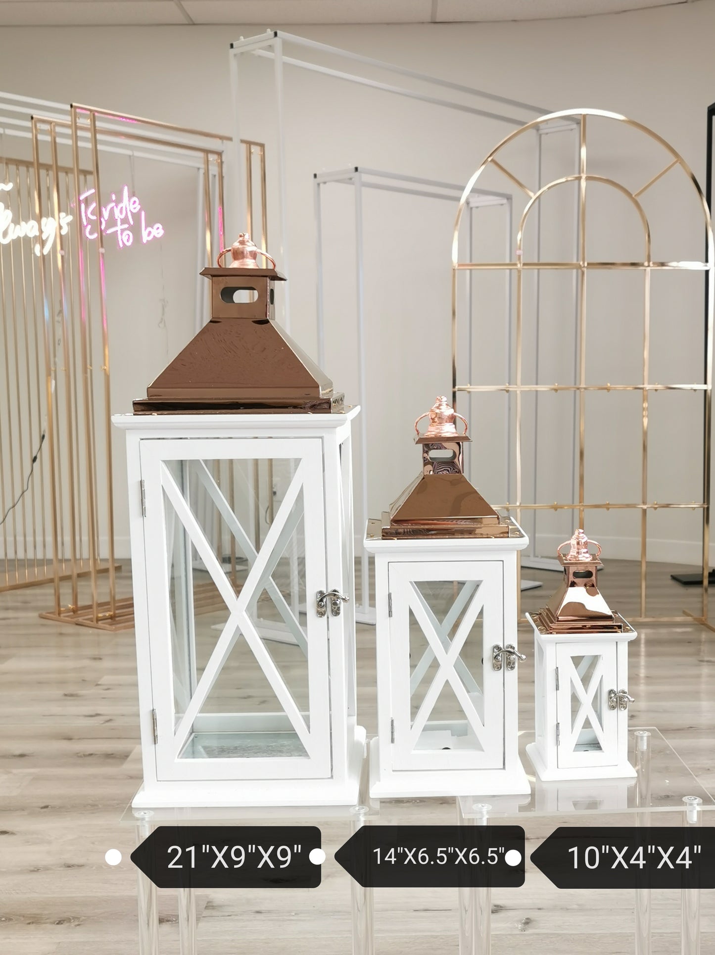 White lantern with rose gold top, 21", 14" and 10"