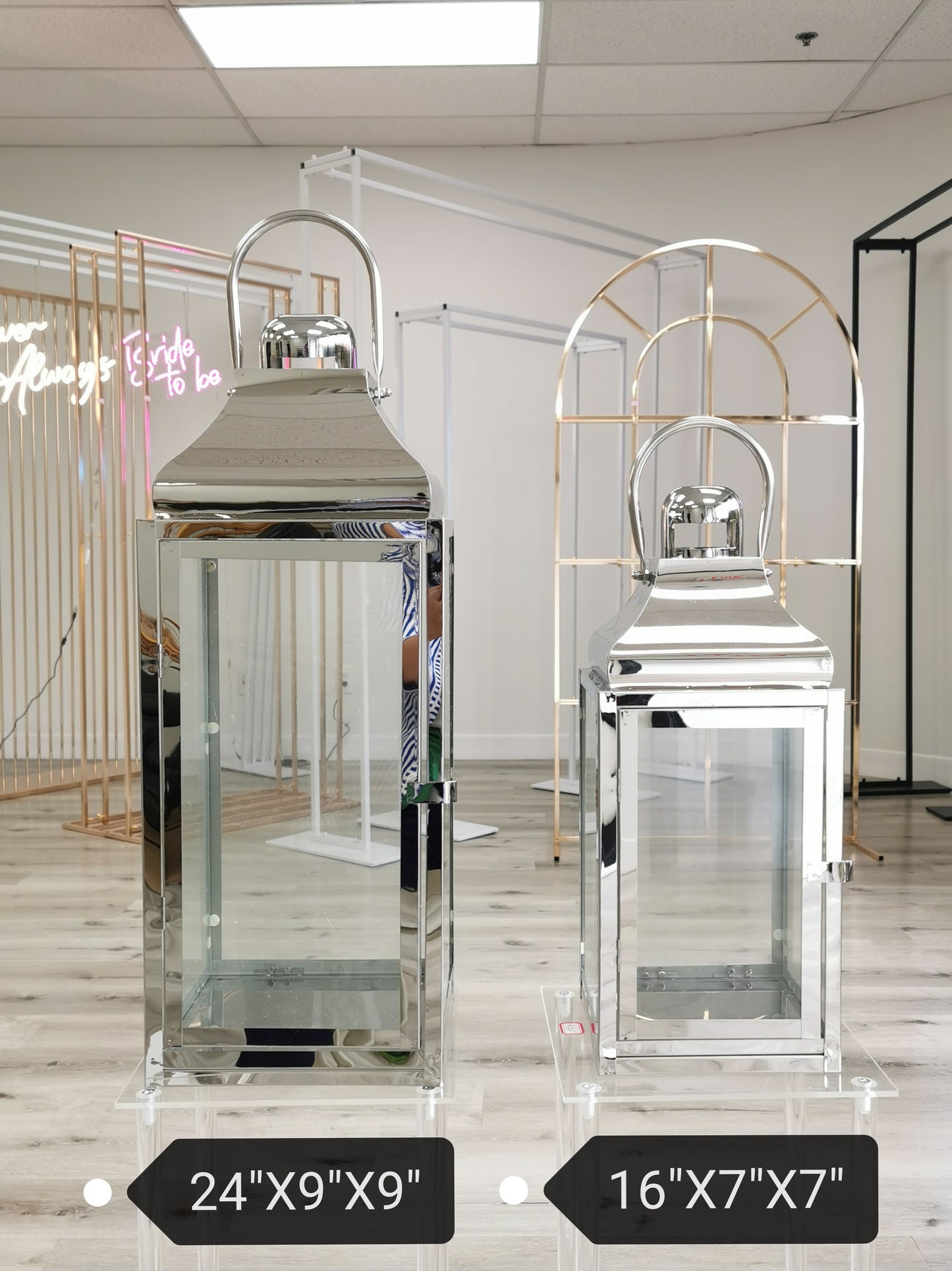Stainless frame lantern, 24" & 16"