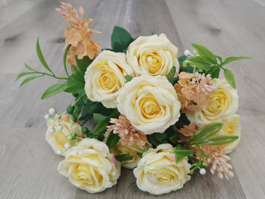 Yellow Artificial Rose Bush - 9 Heads with 4 Fillers