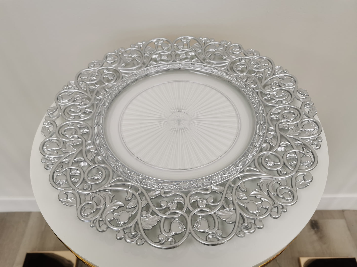 Sliver acrylic carved charger plate, 14.5"