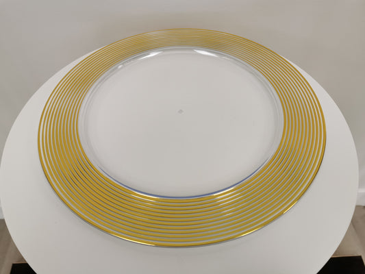 Wide band gold rim clear acrylic charger plate, 13"