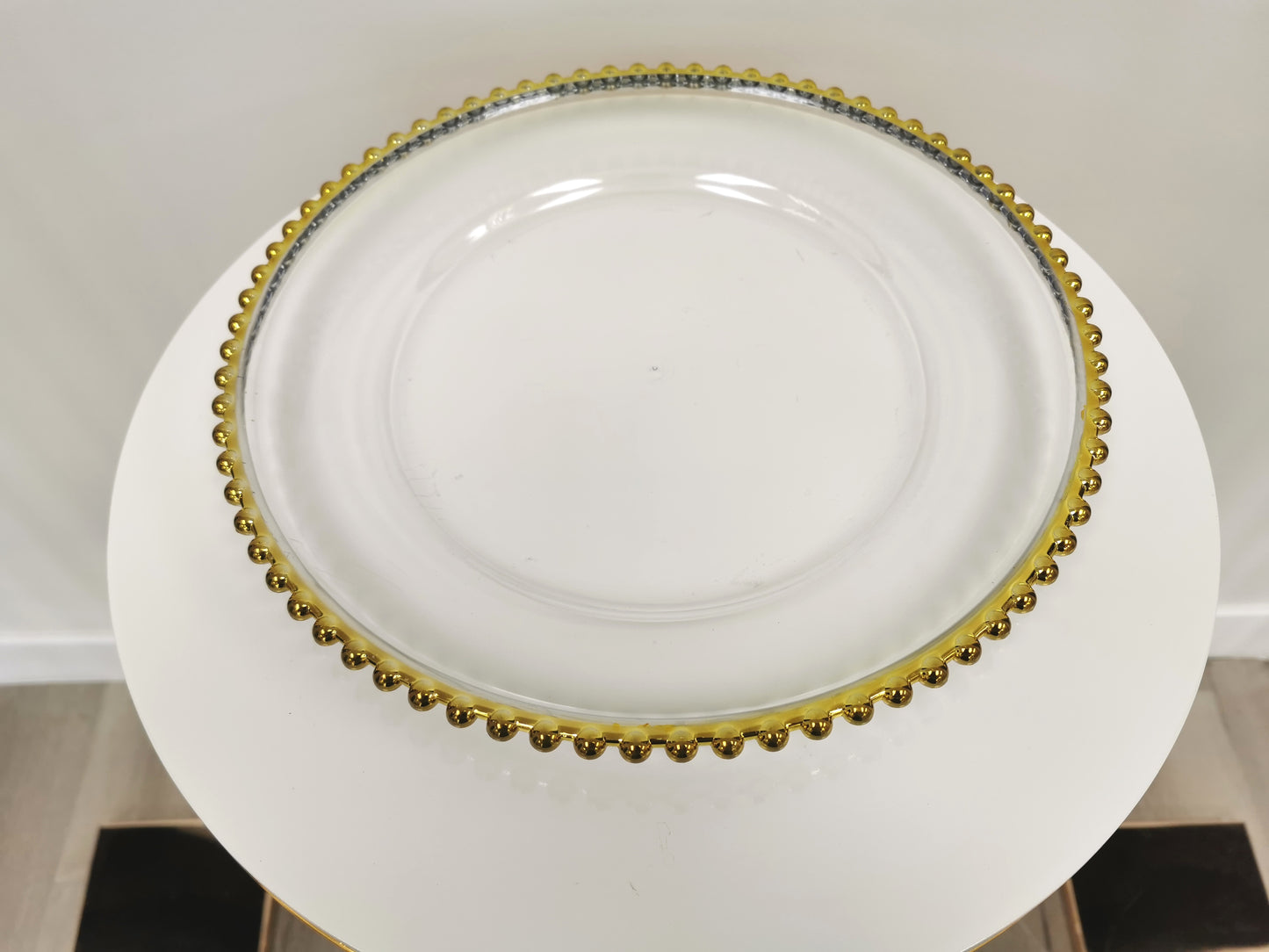 Clear acrylic charger plate with gold bead, 13"