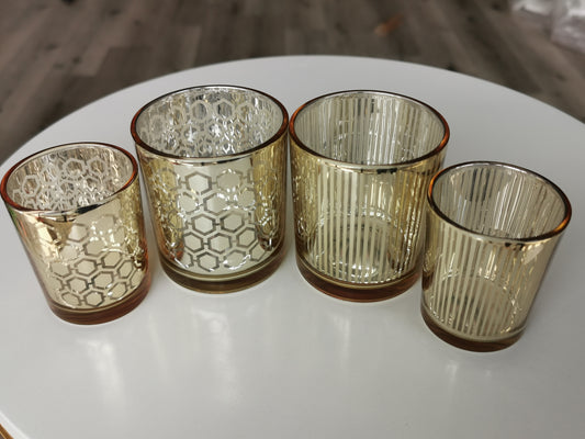 Gold, striped/honeycomb candle holders, 2.5" & 3"