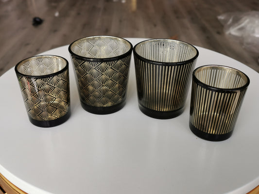 Black gold striped/fan patterned candle holders, 2.5" & 3.0"