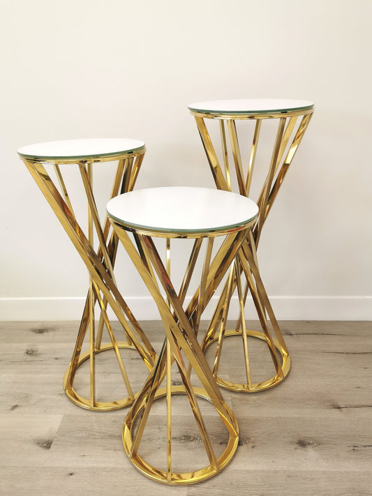 14" gold spiral center cake table with white glass top, set of 3 with height of 27.5", 31.5" and 35.5"