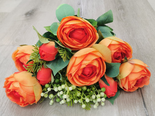 Orange Artificial Rose Bush - 9 Heads with 2 Fillers