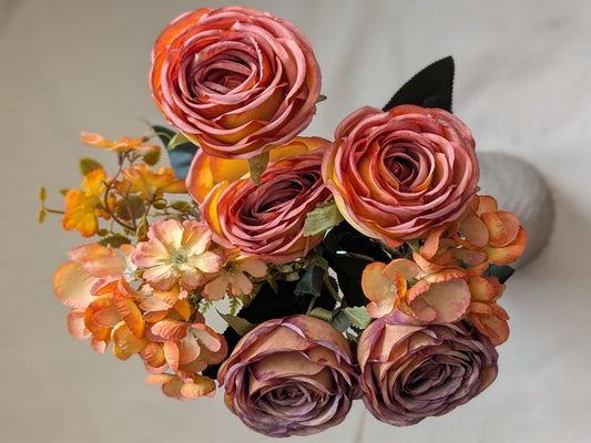 Mixed Color Artificial Rose Bush - 5 Heads with 4 Fillers