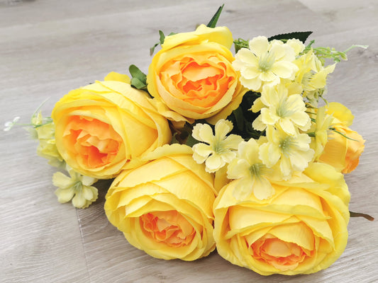 Yellow Artificial Rose Bush - 5 Heads with 4 Fillers