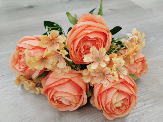 Orange Artificial Rose Bush - 5 Heads with 4 Fillers