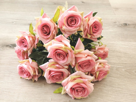 Pink Artificial Tea Rose Bush - 12 Heads