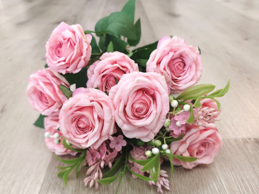 Pink Artificial Rose Bush - 9 Heads with 4 Fillers