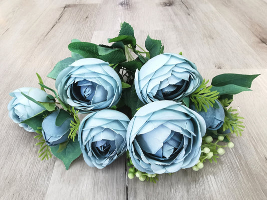 Blue Artificial Rose Bush - 9 Heads with 2 Fillers
