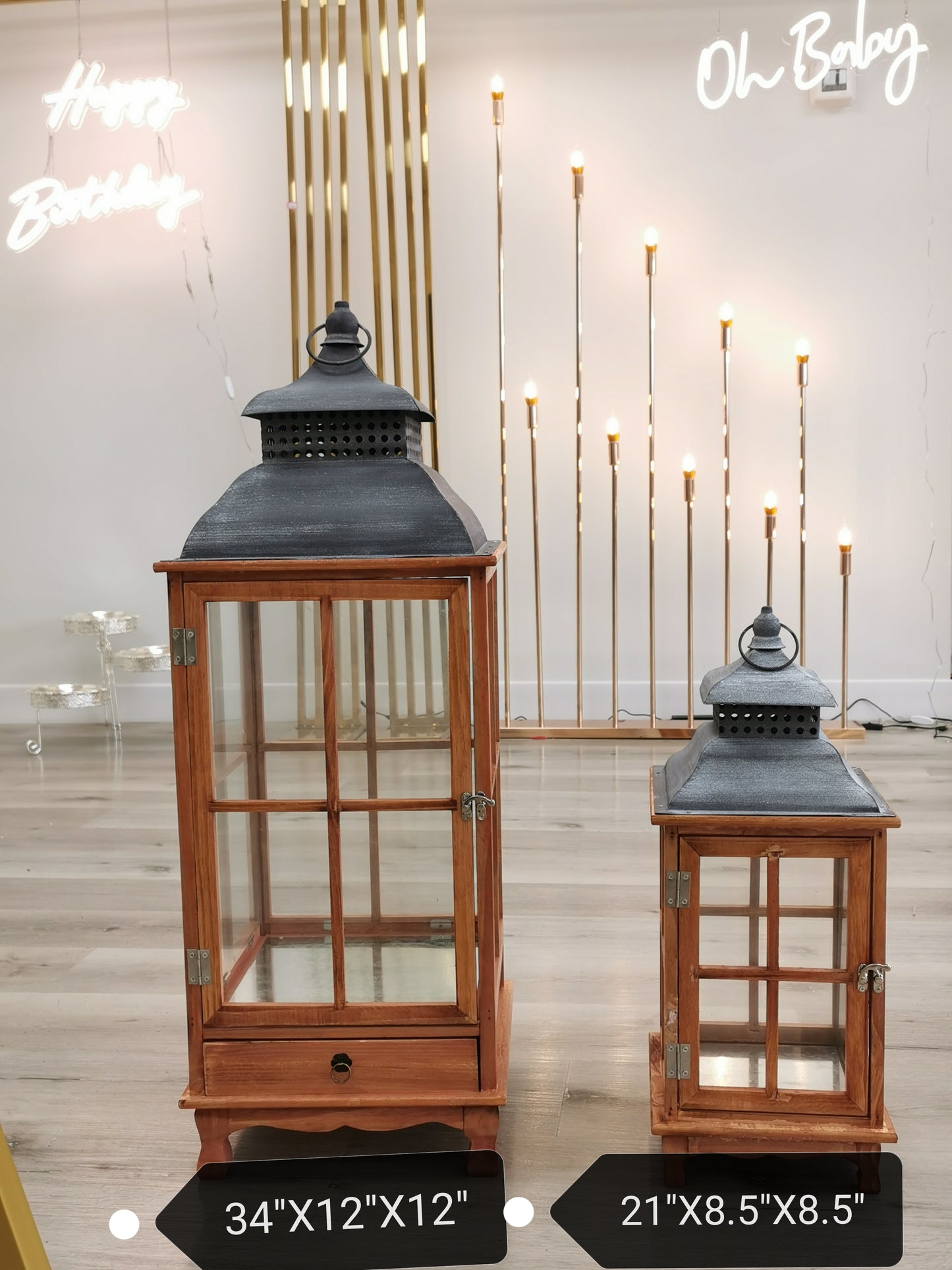 Wood color lantern, 34" & 21"